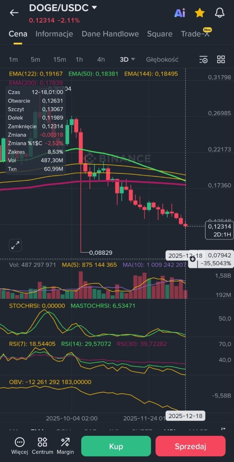 DogeCoin 18 październik 2025 spadek 35 procent